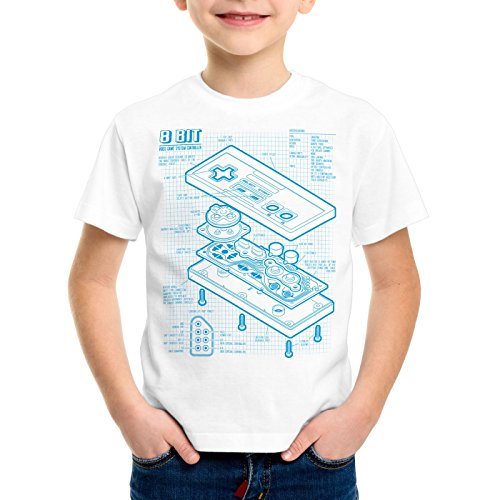 style3 NES Controlador Fotocalco Azul Camiseta para Niños T-Shirt 8-bit Mario Donkey Bros Kong, Color:Blanco;Talla:164