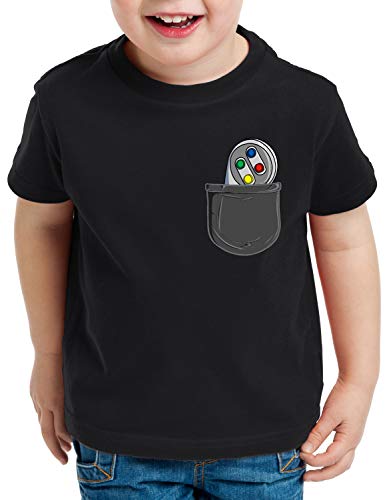 style3 SNES Bolsillo Camiseta para Niños T-Shirt Classic 8-bit videoconsola Pocket, Color:Negro, Talla:152