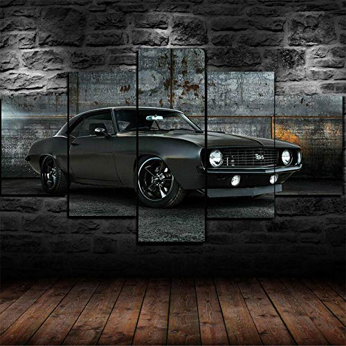 TOPRUN Cuadros Decoracion Salon Modernos 5 Piezas Lienzo Chevrolet Camaro SS 1969 Muscle Car HD Abstracta Pared Modulares Sala De Estar Impresión Artística Dormitorios Decoración De Pared Póster