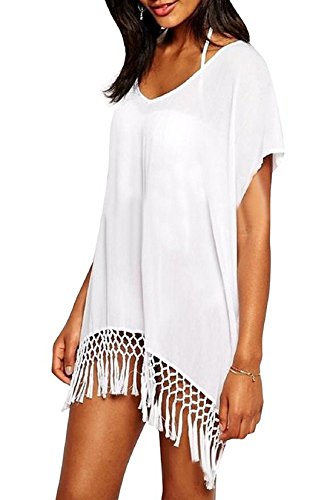 UMIPUBO Mujer Ropa de Baño Suelto Vestido de Playa Borla Verano Camisolas y Pareos Transparente Bikini Cover up (Blanco)