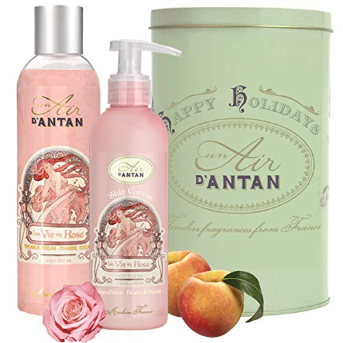 Un Air d’Antan Caja Belleza Rose Mujer,1 Gel de Ducha 250ml, 1 Crema Corporal Hidratante 200ml|Perfume Original Melocotón, Petalos de Rosa, Pachulí|Navidad Regalo Mujer Originales Cumpleaños