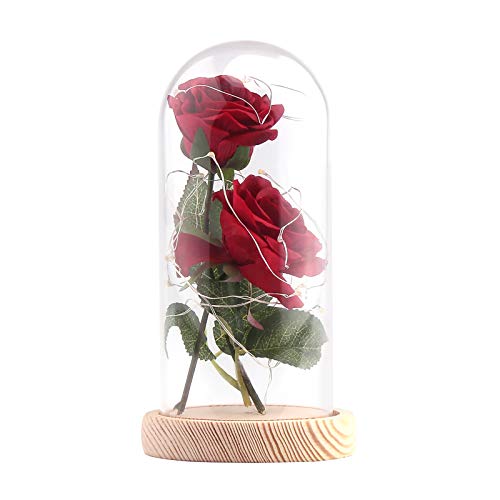 UNISOPH Tira de luz LED con tulipa de cristal, decoración para Bodas Aniversario San Valentín, DIY rosas artificiales,Rosa de seda artificial incorporada de 2 piezas, 18 cm de longitud, Rojo