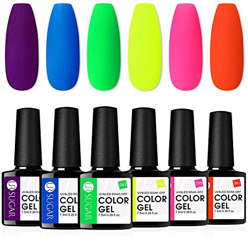 UR SUGAR 7.5ml Esmaltes Semipermanentes Color Neon Rojo Amarillo Verde Kit Uñas de Gel Pastel Soak Off UV/LED 6 Botellas Kit para Halloween