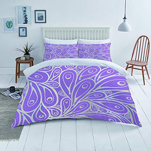 VICCHYY Juegos de Fundas para edredon,Ropa de Cama,Purple Fantasy Doodle Peacock Feathers Pattern Phoenix Beautiful Beauty Bird Burn,Fibrae Xtrafina,Edredones y 2 Almohadas