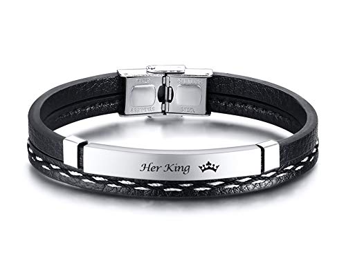 VNOX 2PCS Pulseras de Pareja Pulsera de Cuero Genuino Negro Trenzado Hecho a Mano Su Reina y su Rey Parejas a Juego Muñecas Regalo de San Valentín