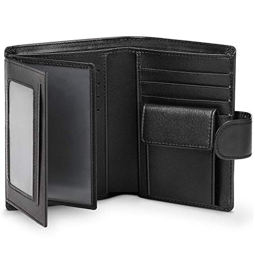 wilbest® Billetera Hombre de Piel, Cartera Monedero Hombre en Formato Retrato con Protección RFID, 13 Ranuras para Tarjetas, 3 Ventanas Transparentes, 2 Compartimentos para Billetes, Caja de Regalo