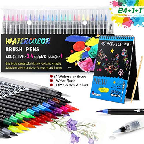 wilbest® Rotuladores Pincel, Punta de Pincel Real, Rotuladores Acuarelables con 24 Colores, 1 Pincel, 12 Páginas Diy Art Pad para Dibujar, Caligrafía, Pintura ect. Niños o Estudiantes