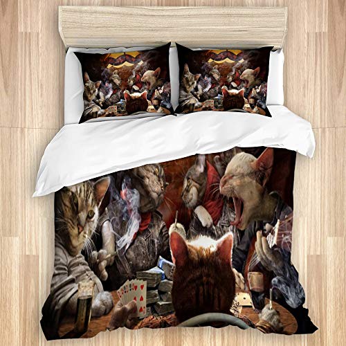 WINCAN Bedding Juego de Funda de Edredón,Los Gatos juegan al póquer y cantan Canciones con la Guitarra,Microfibra Funda de Nórdico y Fundas de Almohada-(Cama 220 x 240cm)