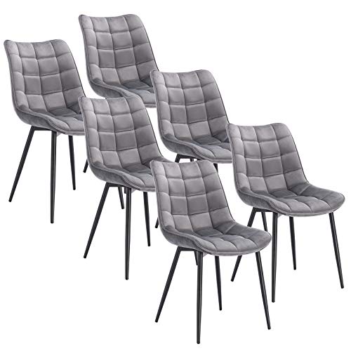 WOLTU Pack de 6 Sillas de Comedor Asiento de Terciopelo Silla Diseño Silla Tapizada Estructura Metálica Sillón con Respaldo Silla de Cocina Gris Suave