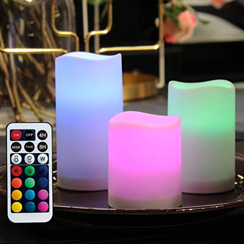 WRalwaysLX Velas de plástico sin llama para exteriores e interiores, velas parpadeantes LED que cambian de color con control remoto y temporizador, 3 unidades, utilizadas por 3 pilas AAA(coloridas)