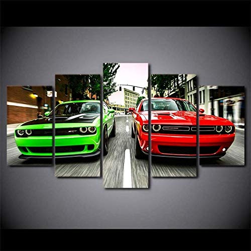 yuanjun 5 Juegos De Pinturas Impresión HD Pintura De Arte De Pared Pintura Moderna Pintura De Decoración del Hogarimpresión De Lienzo XXL Coches Challenger Verde Y Rojo