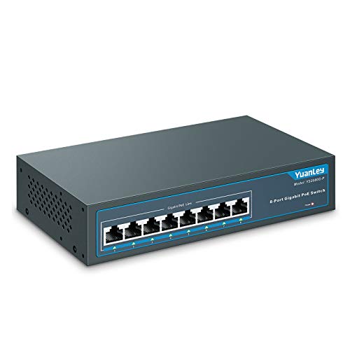 YuanLey 8 Port Gigabit PoE Switch, 8 PoE+ Port 1000Mbps, 120W 802.3af/at, Metal sin Ventilador Plug and Play no Administrado