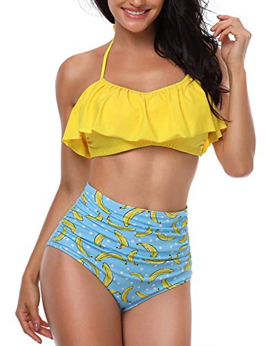 Yuson Girl Mujer Conjunto De Frill Bikini Tiras Talle Alto Tallas Grandes Sexy Traje De Baño Cuello Halter Vintage Vientre Plano con Volantes Top Bikini Push Up Flores Braga Triangulo Alta