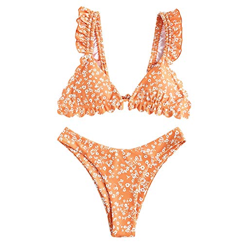 ZAFUL - Bikini de dos piezas para mujer, diseño de flores y volantes naranja M