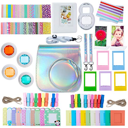 ZWOOS 12 en 1 Accesorios para Instax Mini 9/ Mini 8/ Mini 8+/ Mini 8S Cámara instantánea, Incluida Funda para cámara/Lente Selfie/álbum/Pegatinas/Marcos/Filtros (Plata láser)