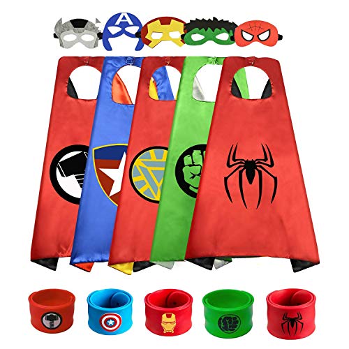 5pc Capas de Superhéroe para Niños - 5 Capa y 5 Máscaras 5 Pulsera de Silicona - Ideas Kit de Valor de Cosplay de Diseño de Fiesta de Cumpleaños de Navidad - Juguetes para Niños y Niñas Capes (5PCS)