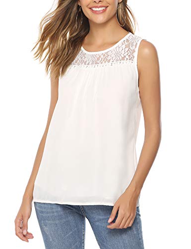 Abollria Camisa Elegante de Mujer con Bordado y Encajes Blusa Sin Manga Pullover Ligero Top con Cuello Redondo para Primavera Verano Otoño, Blanco, 2XL