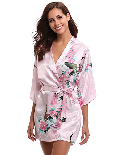 Aibrou Kimono Mujer Novia Bata Corto Sexy y Elegante con Pavo & Flores Pijamas Albornozes Camison Mujer Suave,Cómodo,Sedoso y Agradable