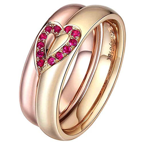 ANAZOZ Anillos 2 PC Anillos Hombre Mujer de Oro 18K Anillos Corazón Puzzle Rubí Rojo 0.1ct Oro y Oro Rosa Talla Mujer 25 & Hombre 30