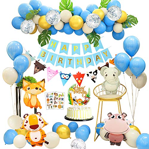 APERIL Feliz Decoracion Cumpleaños 1 Año Fiesta Cumpleaños Infantil Globos Cumpleaños Niño Happy Birthday Decoracion con Hojas de Palma Bosque Animal Latex Globos para Baby Shower Decoración 2 3 4 Año