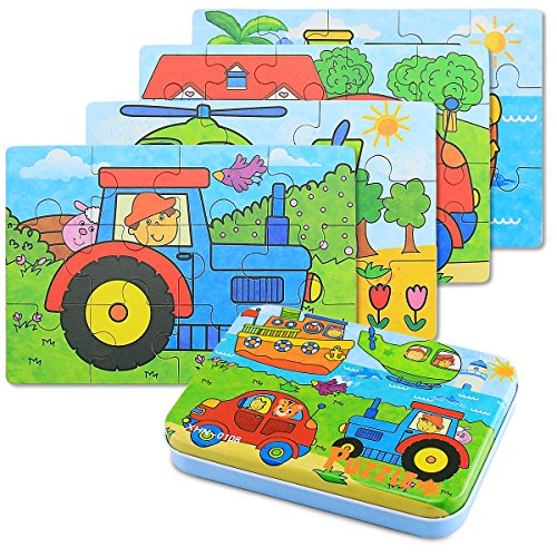 BBLIKE Jigsaw Wooden Puzzles Toy in a Box for Kids, Pack of 4 with Varying Degree of Difficulty Educational Learning Tool Best Birthday Present for Boys Girls (Vehículo)