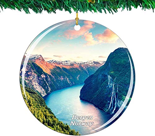 Bernice Winifred Noruega Geiranger Fjord Bergen Adorno navideño City Travel Souvenir Collection Porcelana de Doble Cara 2.85 Pulgadas Decoración de árbol Colgante