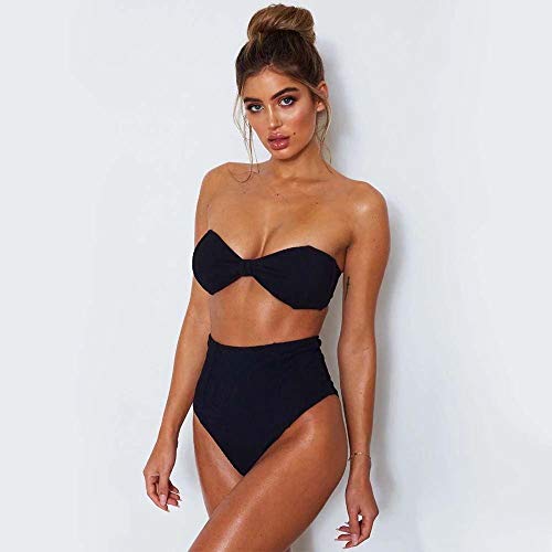 B/H Traje de baño Conjunto de Bikini Lindo,Traje de baño de Dos Piezas de Aguas Termales, Sexy Bikini de Cintura Alta-Negro_L,hacia Arriba la impresión Sexy Traje de baño Bikini