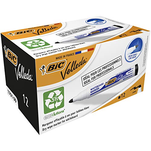 BIC Velleda 1701 ECOlutions Rotuladores de Pizarra Punta Media para pizarra blanca - Negro, Caja de 12 Unidades – Marcadores certificados con etiqueta ecológica, ideal para profesionales