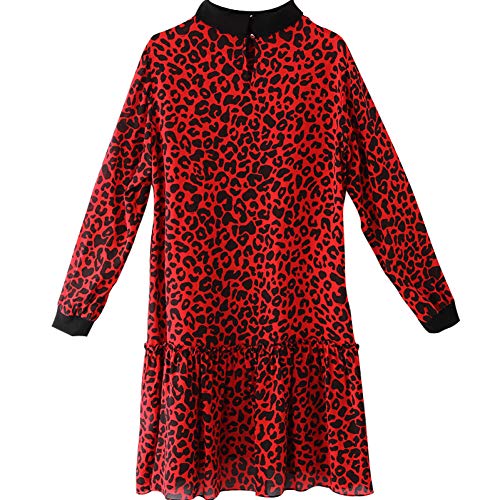 BINGQZ Casual Vestido Vestido de Seda Femenino de Primavera y Verano Temperamento Soporte Cuello Leopardo Seda Seda con Volantes Sueltos Una Palabra Falda