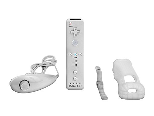 Blanco Nintendo Wii mando Motion Plus paquete con Nunchuk, funda de silicona, correa de muñeca