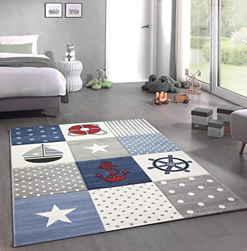 CARPETIA Alfombra Infantil Alfombra Juego Alfombra Infantil marítimos en Azul Crema Gris Größe 120 cm Rund