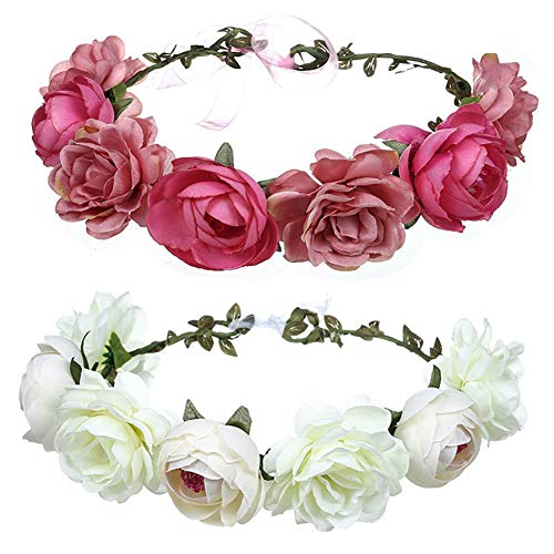 Cinta para el cabello,corona de flores,Flor Hecha a Mano Diadema Corona Floral,ajustable,Novia Corona Boda Halo Guirnalda Floral Bandas Para La Cabeza Casco,para mujer o niñas-2 piezas