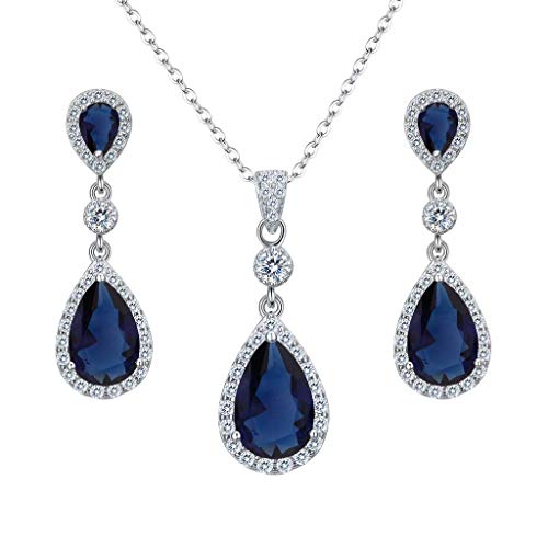 Clearine Mujer 925 de Plata Boda Nupcial Cúbica Zirconia Infinity Lágrima Colgante Collares Dangle Pendients Serie Sapphire Color