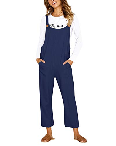 CNFIO Pantalones Mujer Casual Ajustable Correa Monos Rompers Flojo Retro Harem Mamelucos Jumpsuits Overalls con Bolsillo