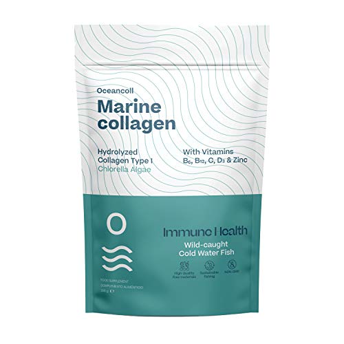 Colágeno Marino Hidrolizado Vitaminas B6, B12, C, D3 y Zinc | Suplemento Inmunidad, piel, músculos, cartílagos y huesos | Péptidos Colágeno Marino de pescado salvaje | Alga Chlorella, 330g | 60 dosis