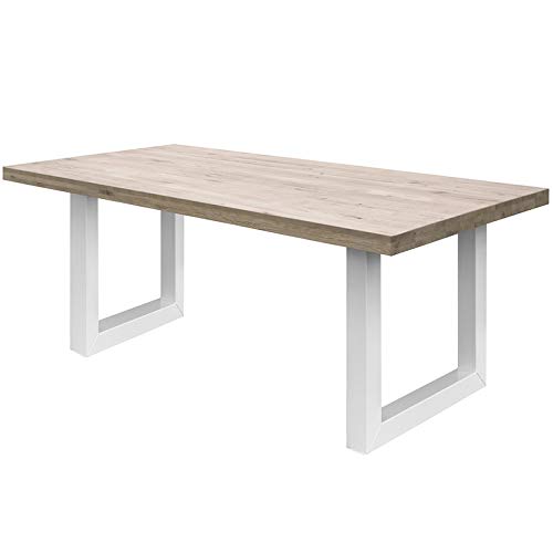 COMIFORT Mesa de Comedor - Mueble para Salon Oficina Despacho Robusto y Moderno de Roble Macizo Blanqueado, Patas de Acero U-Forma Blancas (180x90 cm)