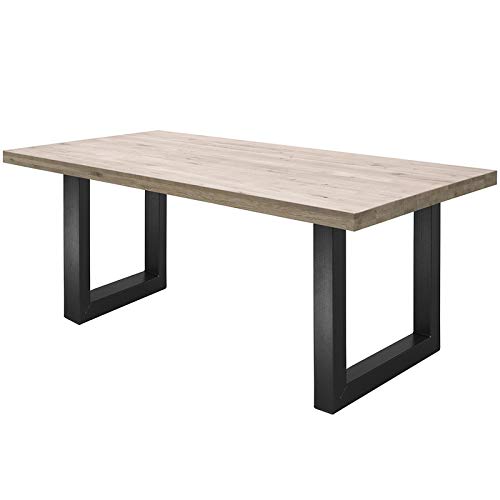 COMIFORT Mesa de Comedor - Mueble para Salon Oficina Despacho Robusto y Moderno de Roble Macizo Blanqueado, Patas de Acero U-Forma Negras (160x90 cm)