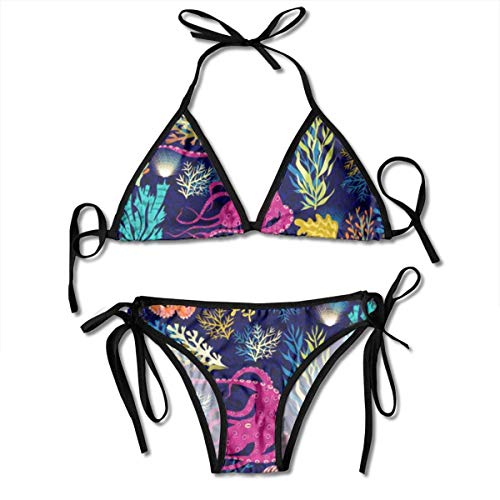 Conjunto de Bikini de Pulpo Marino náutico para Mujer, con Cordones, Trajes de baño de Dos Piezas, Traje de baño Sexy, Negro