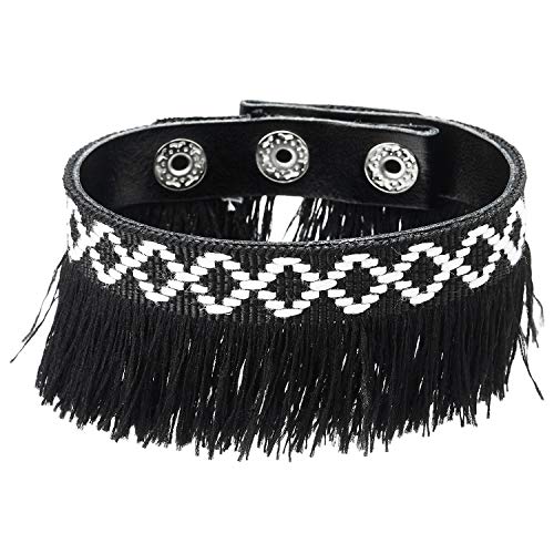 COOLSTEELANDBEYOND Tribal Etnico Pulsera de Mujer, Brazalete con Negro Borla y Patrón de Cuadros Negro Blanco Snap Botón