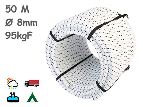 Cuerda Elastica 8mm. Monotex Polietileno. Piscinas (Standard NF P 90-308) Toldos Acampadas Exteriores Manualidades Nautica Amarres Escalada Resistente al Agua (50m, Blanco Chiné)