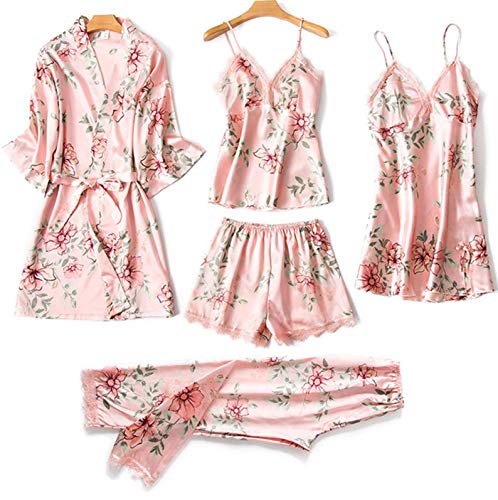 CURT SHARIAH Womens Pyjama Set Lace Floral Ladies Nightwear Silk Satin Pajamas Sleepwear Nighties 5Pcs Robe Dressing Gown Nightdress with Chest Pad