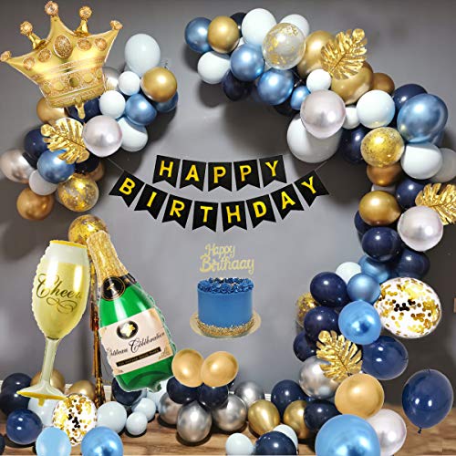 Decoraciones Cumpleaños para Hombres, Decoraciones Fiesta Oro Azul con Adorno Para Tartas, Pancarta, Globo Papel Aluminio Forma Copa Vino, Globo Azul Marino, Globos Metálicos Oro Azul Plateado