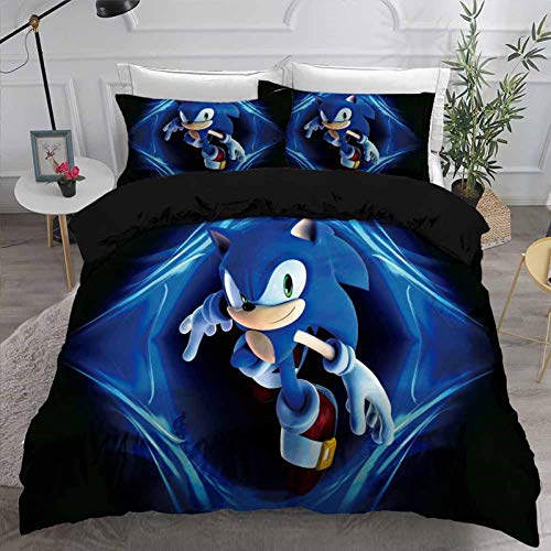 DESCENDANTS Black Blue Sonic The Hedgehog Game Bedding Set Japan Anime Cartoon Duvet Cover for Boys Girls Teens 1 Duvet Cover + 2 Pillow Shams (No Comforter)