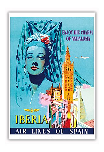 Disfruta del encanto de Andalucía – Español Senorita Wearing mantilla velo, Catedral de Sevilla – Iberia líneas aéreas de España – Vintage Airline Travel Poster c.1950s – Master arte impresión, 13" x 19"