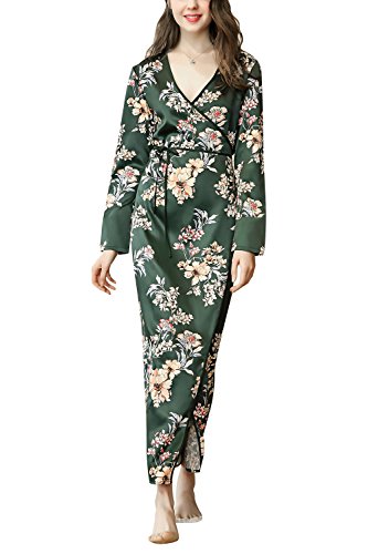 Dolamen Mujer Vestido Kimono Satén, Camisón para Mujer, Flores Florales Robe Albornoz Dama de Honor Ropa de Dormir Pijama, Largo 2018 Busto 100 cm (Busto Larghezza 100 cm, Verde)