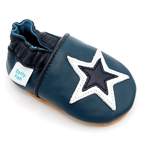 Dotty Fish Zapatos de Cuero Suave para bebés. Antideslizante. Azul Marino y Estrella Blanca. 4-5 Años (28 EU)