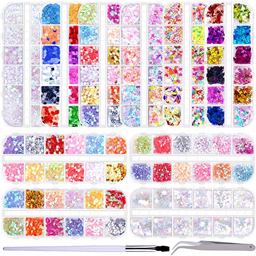 Duufin 10 Cajas Lentejuelas Uñas Mariposa Corazon Glitter Lentejuelas con Pinceles para Uñas y Pieza Pinza para Arte de Uñas