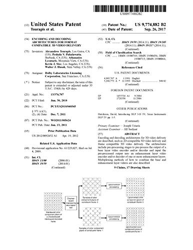 Encoding and decoding architectures for format compatible 3D video delivery: United States Patent 9774882 (English Edition)