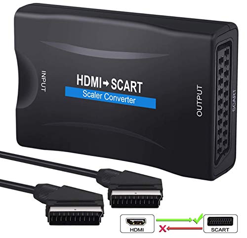 eSynic HDMI a SCART Convertidor 1080P Conversor HDMI a SCART Compuesto Video HD Adaptador de Audio Estéreo Entrada de HDMI Salida de SCART para TV DVD Sky HD BLU Ray DVD PS3 con Cable de 1,5 m