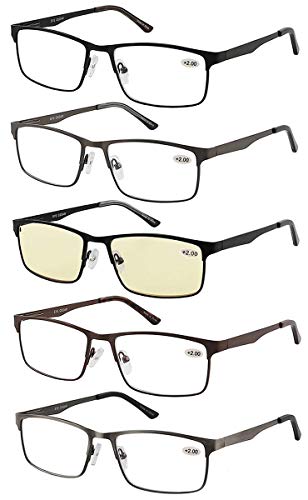 Eyecedar Amcedar 5-pack Gafas de lectura Hombres Estilo de marco Rectangular Acero Inoxidable Materiales Metal Bisagras de Resorte incluye Gafas sol de Lectura +1.50